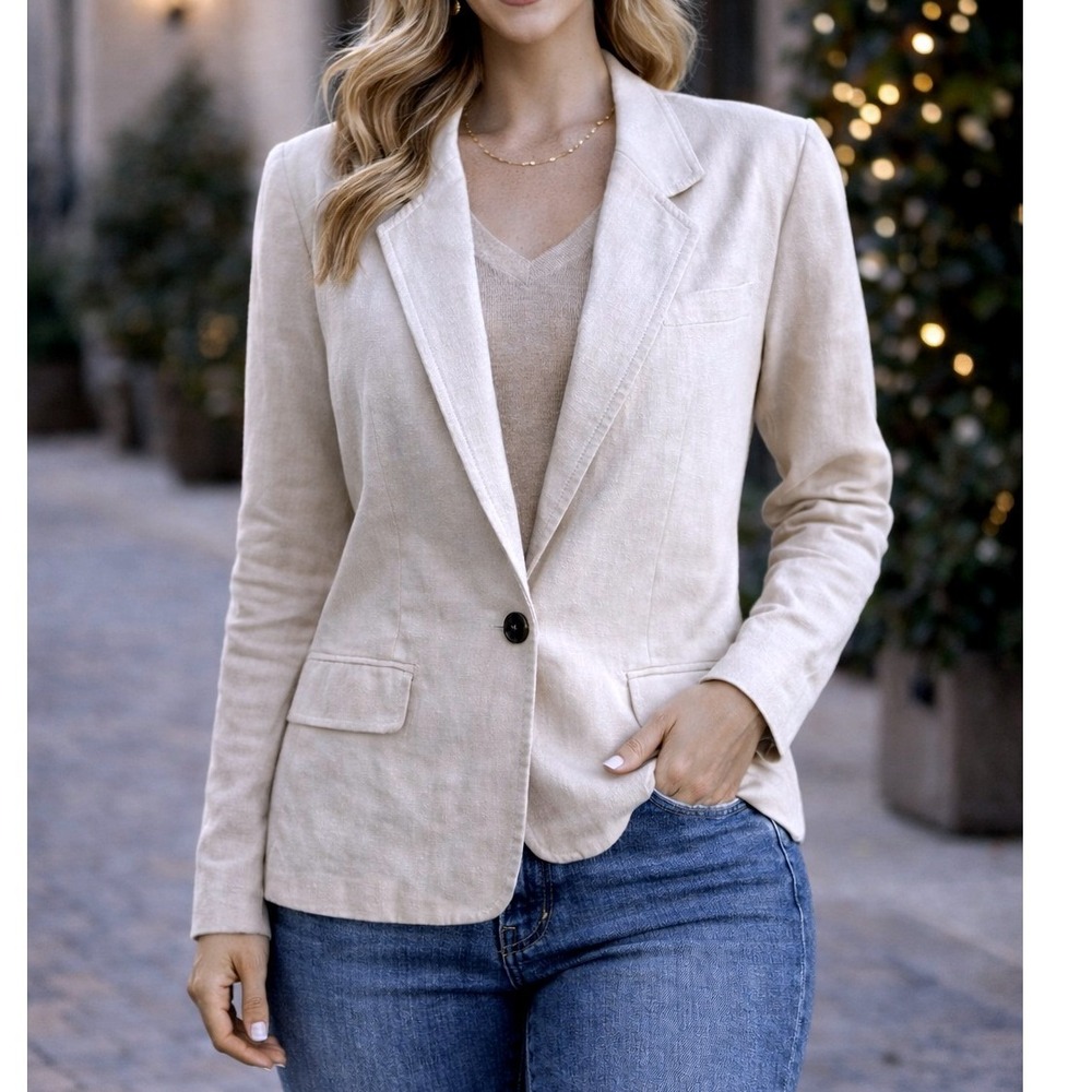 1990's Roo Crossing Ivory Linen Blend Blazer Shoulder Pads Women's Size 10P